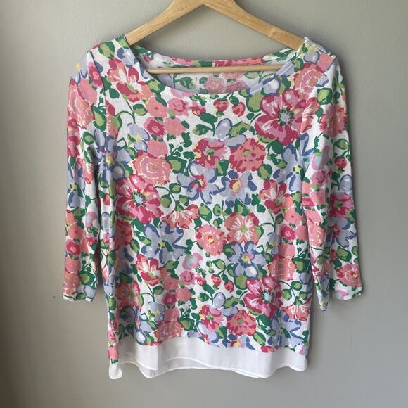Talbots Floral Chiffon Hem Top Sweater Sz Small Petite 3/4 Sleeve Cotton Rayon - Picture 1 of 6